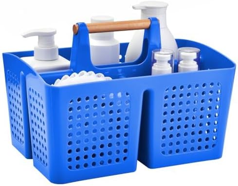 Portable Shower Caddy Basket with 3 Compartments and Handle, Deep Blue | Plastic Divided Toiletry Caddy Organizer for College Dorms, Shared Bathrooms, Gyms, Locker Rooms, Pools and Travel