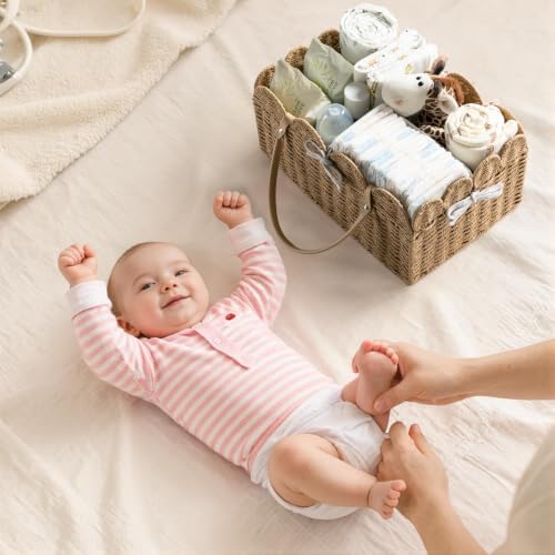 HBlife Large Baby Diaper Caddy, Paper Rope Scalloped Storage Baskets Nursery Bin with Removable Divider, Portable Car Organizer for Diapers, Baby Shower Gifts, Newborn Essentials Must Haves, Brown
