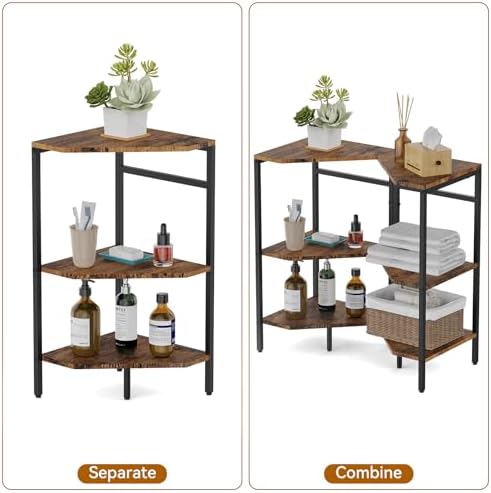 CADUKE Pedestal Sink Storage, 2 Pack Bathroom Under Vanity Storage Shelf | Under Sink Organizer Shelf, Bathroom Organizers Rack Stand, 3 Tier Wooden Corner Shelves, For Small Space, Rustic Brown