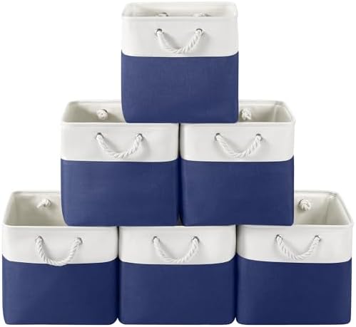 13x13 Inch Foldable Fabric Cube Storage Bins with Handles 6 Pack | Sturdy Metal Strand, Cardboard Support Molding, Storage Basket, Cube Storage Bin for Shelves, Closet, Bedroom, White/Blue