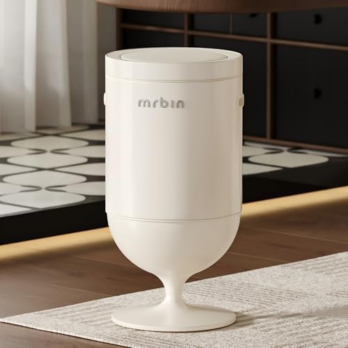 MRBIN Metal Bathroom Motion Sensor Trash Can with Lid, 5.3 Gallon Wine Glass Shaped Automatic Waste Basket Touchless, Smart Round Tall Garbage with High Leg for Office, Bedroom, Kitchen, Cream White