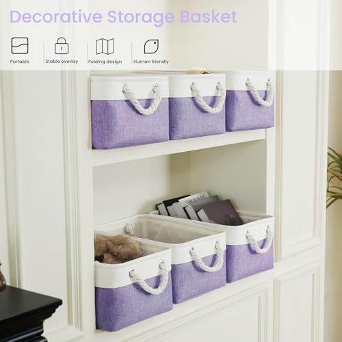 13.8x9.8x6.7 Inch Fabric Small Storage Bins with Handles 3 Pack | Foldable Storage Basket, Sturdy Metal Strand, Cardboard Support Molding, Small Baskets for Organizing, Shelves, White/Purple