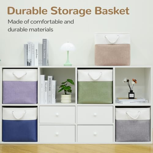 13x13 Inch Foldable Fabric Cube Storage Bins with Handles 6 Pack | Sturdy Metal Strand, Cardboard Support Molding, Storage Basket, Cube Storage Bin for Shelves, Closet, Bedroom, White/Gray