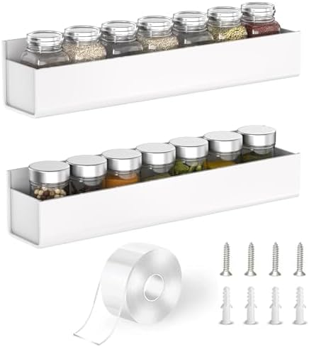 PMMASTO 2-Pack White Acrylic Spice Rack Organizers for Cabinet Doors | Nano Double-Sided Tape or Screw Mounting, for Cabinet and Pantry Doors, Stores Spices, Bathroom Supplies and Small Items