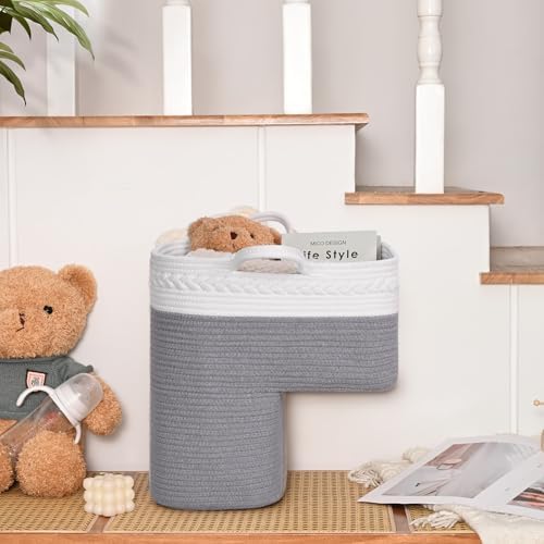 Stair Basket for Wooden & Carpeted Stairs, Foldable Cotton Rope Step Basket with Handles, Staircase Storage Organizer, Fog Grey, 15" Lx 10" W x 15" H