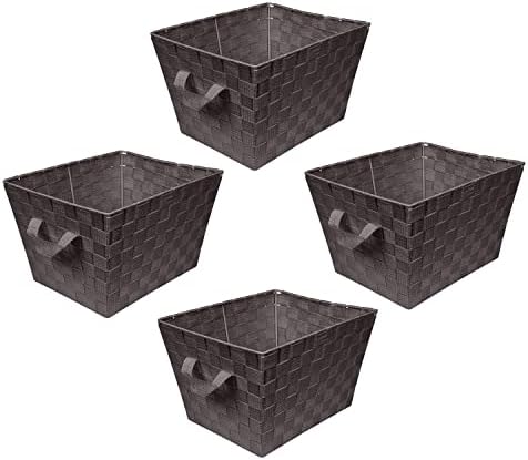 Simplify Medium Woven Strap Tote | Decorative Storage Basket | 2 Handles | Organization | Closet | Bedroom | Bathroom | Nursery | Accessories | Toys | Gifts | 4 Pack | Chocolate