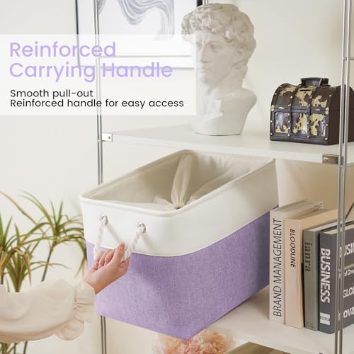 16x12x12 In Foldable Fabric Large Storage Bins with Handle 1 Pack | Storage Basket with Draw String Top, Sturdy Metal Strand, Cardboard Support Molding, for Shelf, Closet, Bedroom, White/Purple
