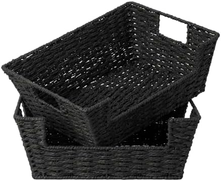 StorageWorks Pantry Baskets for Shelves, Snack Baskets, Black Paper Rope | Pantry Baskets for Patato and Onion Storage, Stackable Wicker Basket Organizer for Shelf, Woven Basket for Storage, 2-Pack