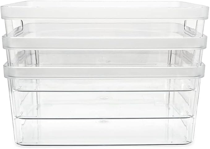 Isaac Jacobs 3-Pack Medium Clear Storage Bins (8” L x 10” W x 4.25” H) | Cutout Handles, Plastic Organizer for Home, Office, Kitchen, Fridge/Freezer, Bathroom, BPA Free, Food Safe (3-Pack, Medium)