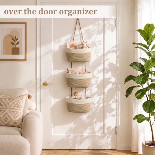 TeoKJ Over the Door Hanging Basket, 3-Tier Woven Cotton Wall-Mounted Storage Organizer Bag Decorative Hanging Nursery Baskets, White & Jute | Woven Cotton, Wall-Mounted Storage Organizer Bag, Decorative Hanging Nursery Baskets