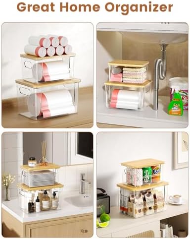Trash Bag Dispenser 2 Pack, Stackable Trash Bag Holder with Bamboo Lid – Clear Plastic Garbage Bag Organizer for 4-33 Gal Bags, Space-Saving Under Sink Organizer for Kitchen, Laundry, Pantry