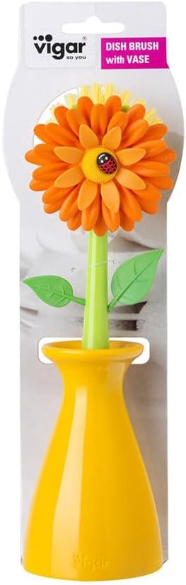 Vigar Flower Power Dish Brush with Handle and Vase Holder - Orange | Dish Scrub Brush for Dishes, Kitchen Scrub Brush, Sink Cleaning Brush, Pot Scrubber, Dishwashing Brush