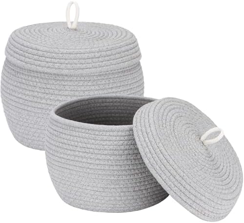 Sea Team Round Woven Cotton Rope Storage Basket with Lid, Gray, 2-Pack | Lidded Knitted Decorative Storage Bin, Pot, Caddy, Organizer, Container for Snacks, Towels, Plants, 10 x 7.5 Inches