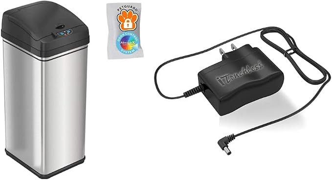iTouchless 13 Gallon Pet-Proof Sensor Trash Can & AC Power Adapter for Automatic Sensor Trash Cans, Official and Manufacturer Certified, UL Listed, Energy Saving