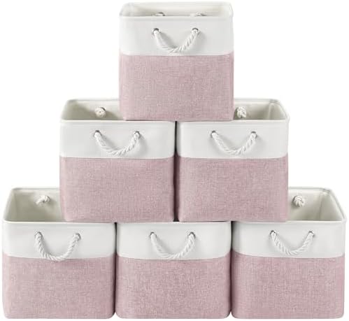 13x13 Inch Foldable Fabric Cube Storage Bins with Handles 6 Pack | Sturdy Metal Strand, Cardboard Support Molding, Storage Basket, Cube Storage Bin for Shelves, Closet, Bedroom, White/Pink