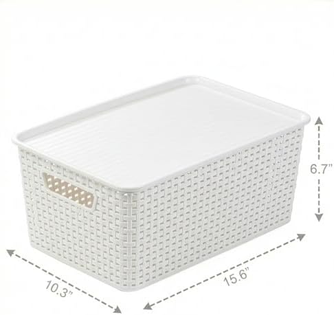 BINO | Plastic Storage Baskets with Lids, 15.5 Liter - 3 Pack, White | THE WOVEN COLLECTION | Storage Basket for Shelves Woven Storage Baskets for Organizing Bins Pantry Shelf Organizer Container Bin