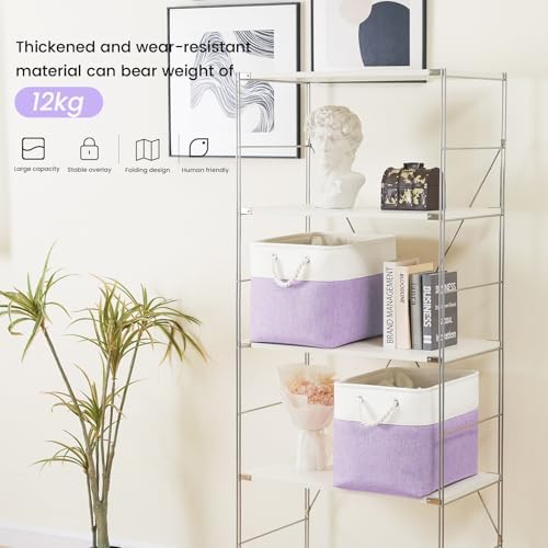 16x12x12 In Foldable Fabric Large Storage Bins with Handle 1 Pack | Storage Basket with Draw String Top, Sturdy Metal Strand, Cardboard Support Molding, for Shelf, Closet, Bedroom, White/Purple