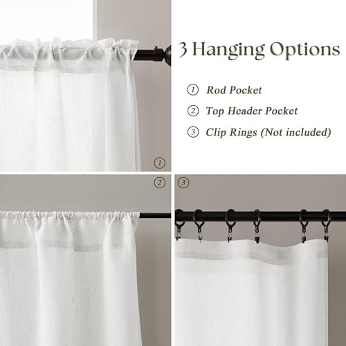 Off White Semi Sheer Linen RV Campers Curtains 45 Inch Long 2 Panels | Ivory, Rustic, Short Curtains for Cafe Small Window Treatment, Light Filter, W25xL45 Inch, Rod Pocket Drapes
