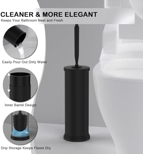 Stainless Steel Toilet Bowl Brush and Holder Set Scrubber Black | Weighted Stable Base Removable Inner Tube Toilet Bowl Brush Splash-Proof Design for Deep Cleaning Space Saving Storage