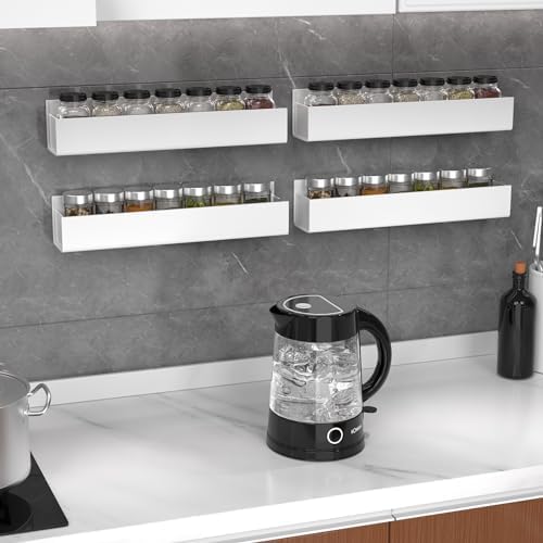PMMASTO 4-Pack White Acrylic Spice Rack Organizers for Cabinet Doors | Nano Double-Sided Tape or Screw Mounting, for Cabinet and Pantry Doors, Stores Spices, Bathroom Supplies and Small Items