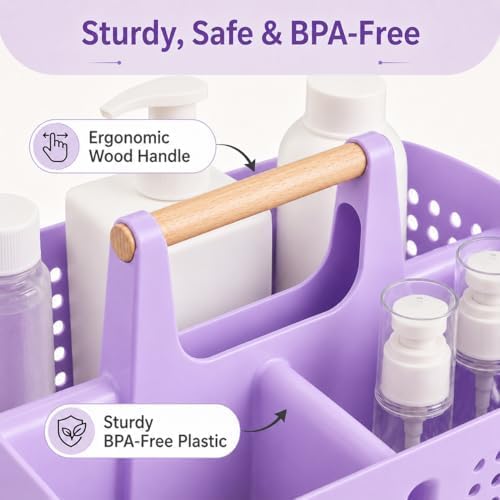 Portable Shower Caddy Basket with 3 Compartments and Handle, Purple | Plastic Divided Beauty Caddy Organizer for Hair Care, Cosmetics, Toiletries, Craft Supplies, Dorms and Vanities