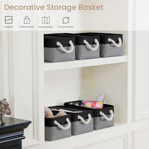 11.8x7.9x5.2 Inch Fabric Small Storage Bins with Handles 1 Pack | Foldable Storage Basket, Sturdy Metal Strand, Cardboard Support Molding, Small Baskets for Organizing, Shelves, Black/Gray