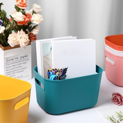 10 Pack Plastic Storage Bins for Classroom Organization School Supplies | 9.7" x 6.9" x 5.7" Small Colorful Bins, Built in Handles, Stackable Design, Teacher Desk Use, Home School Library Ready