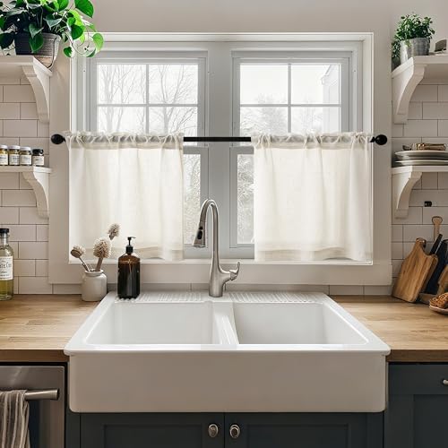 Beige Semi Sheer Linen Kitchen Curtains 24 Inch Length 2 Panels | Natural, Boho Rustic, Light Filtering Curtains & Drapes, for Bathroom RV Campers Window Treatment, Rod Pocket, 34x24 Inch