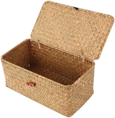 Moosky Wicker Shelf Baskets with Lid,Natural Seagrass Storage Basket Boxes Handwoven Rectangular Baskets Bins Multipurpose Home Organizer Decor (Small)