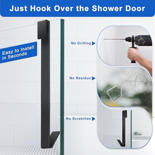 Shower Door Hooks 12 in, Shower Hooks for Towels, Heavy Duty Drilling-Free Extended Towel Hooks for Bathroom Frameless Glass Door, Over The Door Towel Hooks 3 Packs Black
