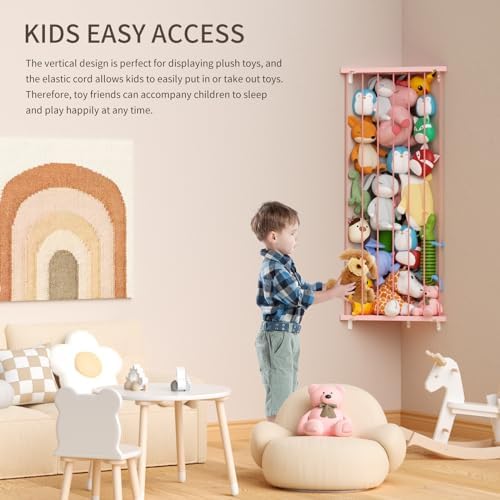 Stuffed Animal Storage Shelf Organizer(Patented) - Corner Stuffed Animal Holder Length Adjustable - Wall Plush Storage for Nursery Playroom Bedroom Kids Room (Pink+Light, Standard)