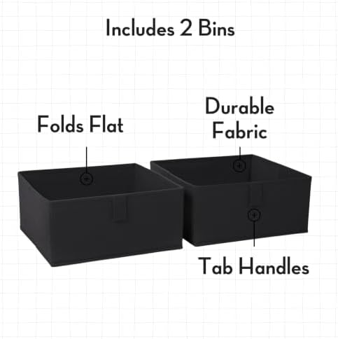 RiverRidge Folding Storage Bins - 2-pack of 5in Tall Black Cubes | Fabric Bins, Set of 2 Storage Cubes, Pull-tab Handles, Playroom Closet Organizer, Collapsible Cubby with Bottom Board Insert