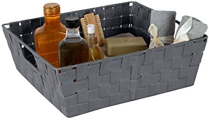 Simplify Large Shelf Woven Strap Tote | Decorative Storage Basket | Built in Handles | Organization | Closet | Bedroom | Bathroom | Nursery | Accessories | Toys | Gifts | 2 Pack | Grey