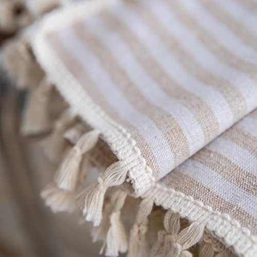 Sutuo Home Boho Curtain 84 Inches Length, Beige Stripes Print Curtain with Handmade Tassels, Rod Pocket Window Treatment Vintage Rustic Bohemian Farmhouse Drape for Bedroom 1 Panel 59" W x 84" L