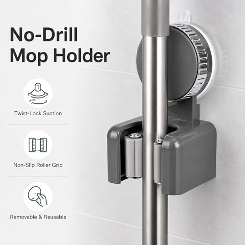 Suction Cup Mop and Broom Holder Wall Mount, 2 Pack | No Drill, Rotating Mop Gripper and Broom Hanger, For Bathroom, Kitchen, Laundry Room