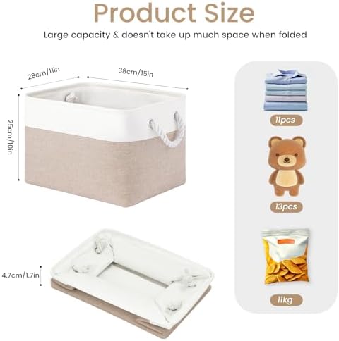 15x11x10 In Foldable Fabric Large Storage Bins with Handle 3 Pack | Organizer Baskets, Sturdy Metal Strand, Cardboard Support Molding, Storage Baskets for Shelves, Closet, Bedroom, White/Khaki