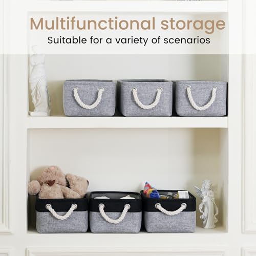11.8x7.9x5.2 Inch Fabric Small Storage Bins with Handles 6 Pack | Foldable Storage Basket, Sturdy Metal Strand, Cardboard Support Molding, Small Baskets for Organizing, Shelves, Gray
