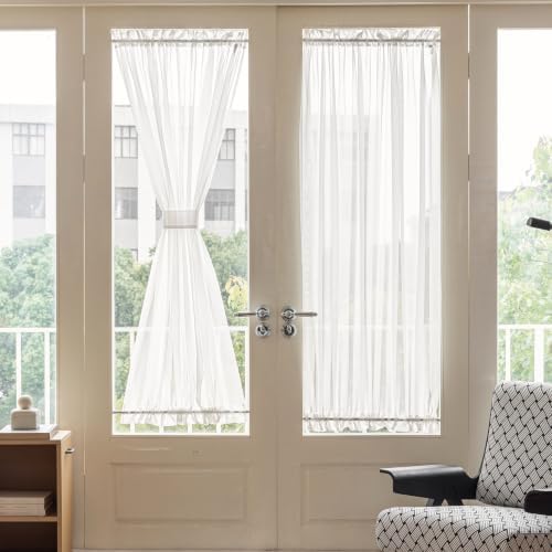 Aquazolax French Door Sheer Curtains Set of 2, Large 54x72 Inch Rod Pocket Sheer French/Patio Door Window Curtain with Tiebacks for Doors with Glass - Satin White