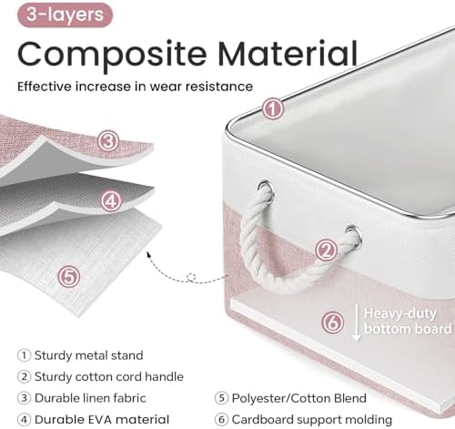 15.7x11.8x8.26 Inch Fabric Large Storage Bins with Handles 3 Pack | Foldable, Sturdy Metal Strand, Cardboard Support Molding, Fabric Storage Baskets for Shelves, Closet, Bedroom, White/Pink