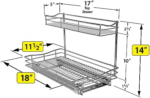 LYNK PROFESSIONAL® Pull Out Under Sink Kitchen Cabinet Organizer - 11.5 in. x 18 inch deep Drawer - Sliding Shelf Organizer for Cabinets and Undersink Storage Shelves - Lifetime Ltd. Warranty – Chrome