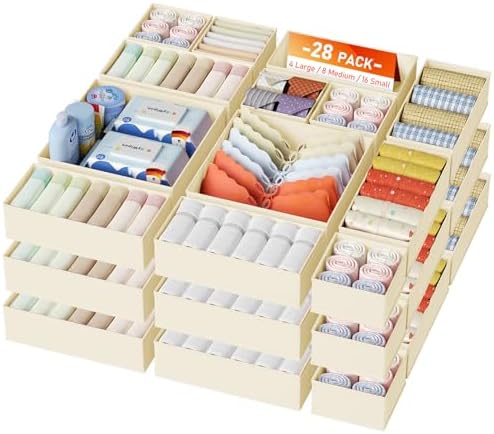 DIMJ Drawer Organizer Clothes, 28 Pack Dresser Organizer, Foldable Closet Organizers and Storage, Fabric Dresser Bins, Drawer Dividers for Nursery, Baby Clothes, Underwears, Sock,Beige
