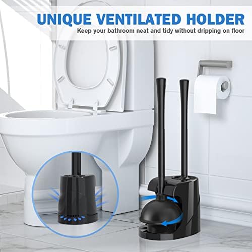 Toilet Plunger and Brush with Holder, Bowl Brush and Heavy Duty Toilet Plunger Set for 5.7-inch Toilet Drain, 2-in-1 Bathroom Cleaning Combo with Modern Caddy Stand (Black)