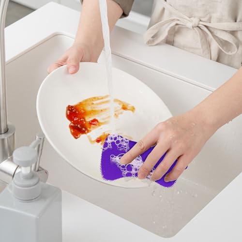 5 Pack Silicone Dish Sponges for Kitchen, Double Sided Silicone Dish Scrubber, Multipurpose Kitchen Scrubber Sponge, Vegetable Brush (Purple)