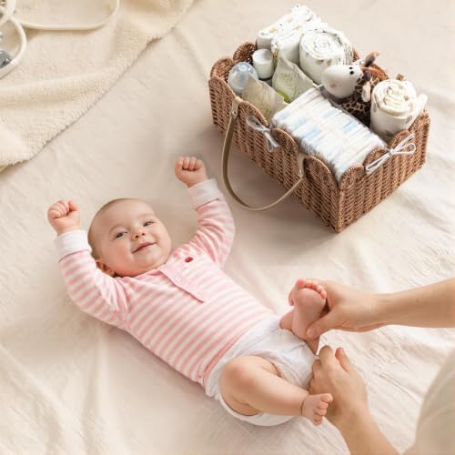 HBlife Large Baby Diaper Caddy, Paper Rope Storage Baskets Nursery Bin with Removable Divider, Portable Car Organizer for Diapers, Baby Shower Gifts, Newborn Essentials Must Haves