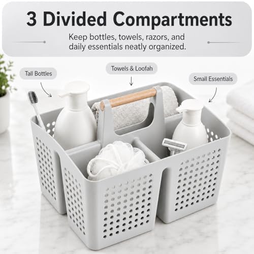 Portable Shower Caddy Basket with 3 Compartments and Handle, Light Gray | Plastic Divided Storage Caddy for Bathrooms, Apartments, Guest Rooms, Offices, Crafts and Under-Sink Organization