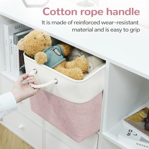 13x13 Inch Foldable Fabric Cube Storage Bins with Handles 6 Pack | Sturdy Metal Strand, Cardboard Support Molding, Storage Basket, Cube Storage Bin for Shelves, Closet, Bedroom, White/Pink