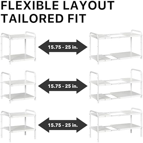Simple Houseware Under Sink 2-Tier Heavy Duty Expandable Organizer, White | Adjustable Width 15.75–25 Inches with 4 Shelf Height Levels