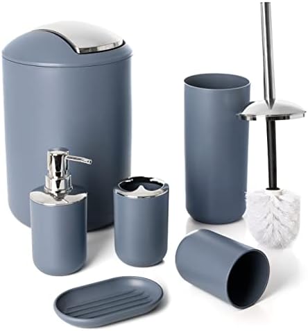 Moss & Stone 6-Piece Blue Bathroom Accessories Set, Soap Dispenser | Modern Plastic Bathroom Set with Toothbrush Holder, Soap Dish, Cup & Trash Can for Countertop Organization and Bathroom Decor
