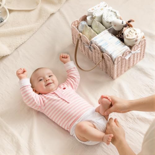 HBlife Baby Diaper Caddy, Paper Rope Storage Baskets Nursery Bin with Removable Divider, Portable Car Organizer for Diapers, Baby Shower Gifts, Newborn Essentials Must Haves