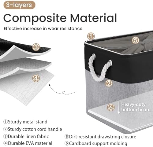 16x12x12 In Foldable Fabric Large Storage Bins with Handle 3 Pack | Storage Basket with Draw String Top, Sturdy Metal Strand, Cardboard Support Molding, for Shelf, Closet, Bedroom, Black/Gray